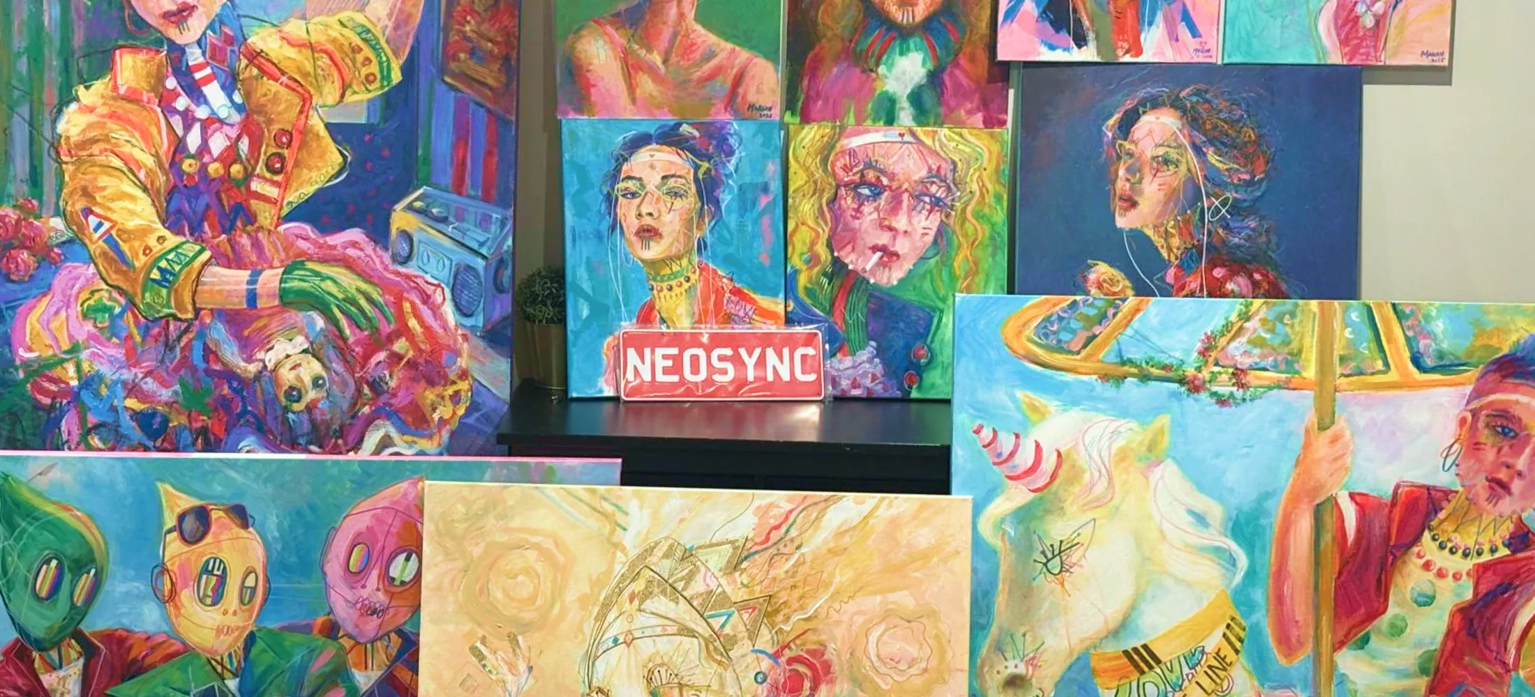 Original NeoSync paintings stacked against the studio wall around a red NEOSYNC sign