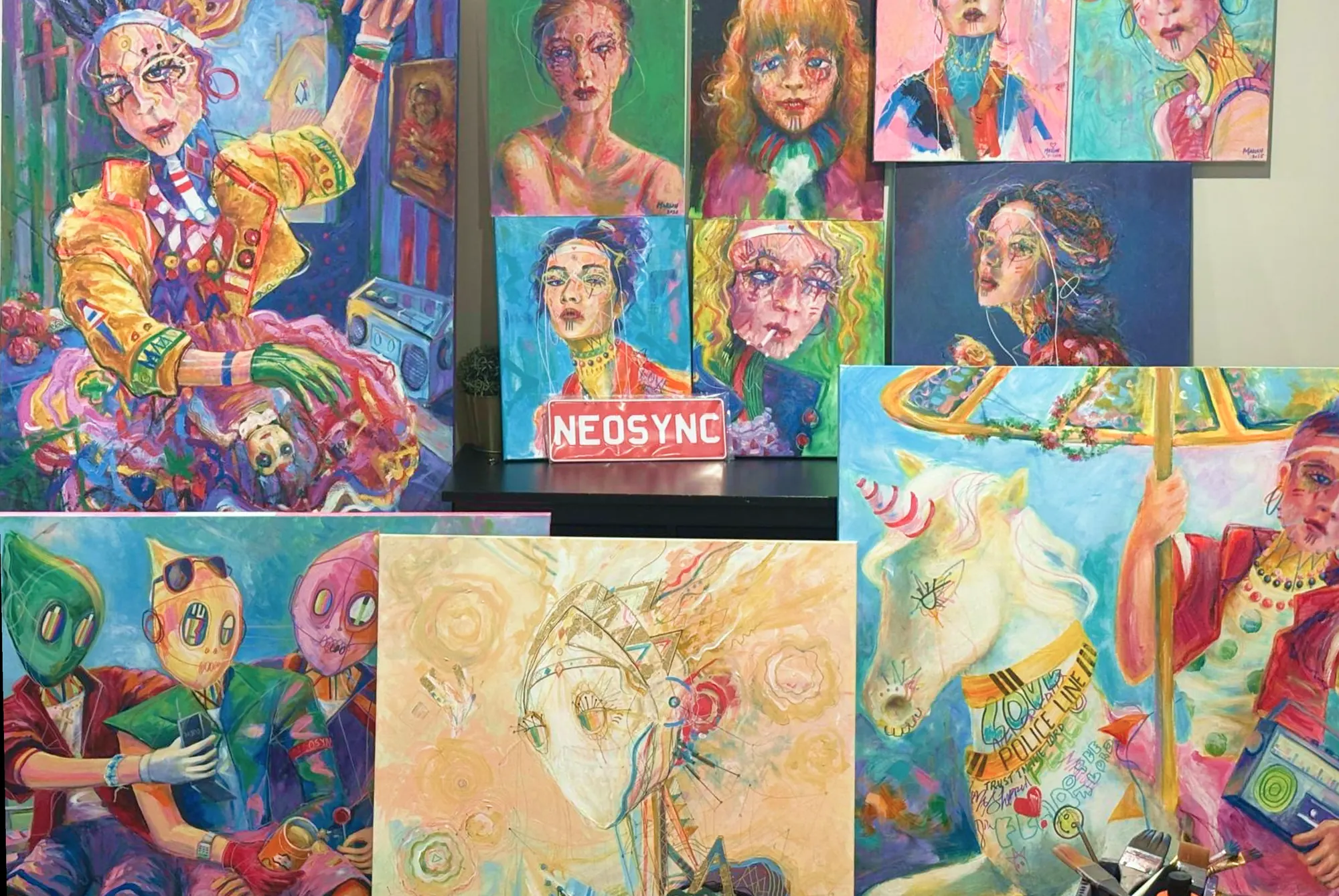 Marlon's studio, canvases stacked with the NeoSync sign